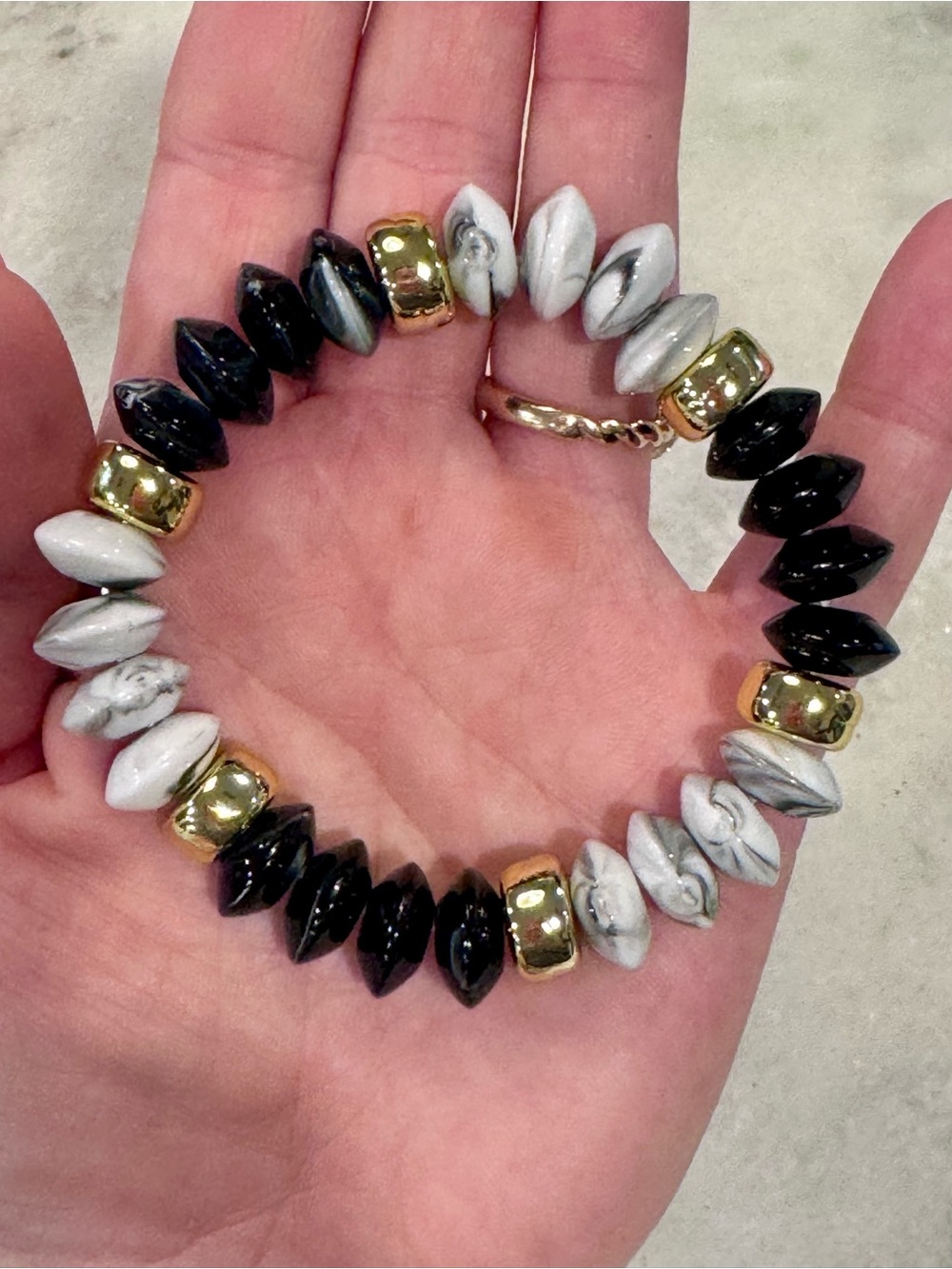Gold Accent Black and White Bead Stretch Bracelet